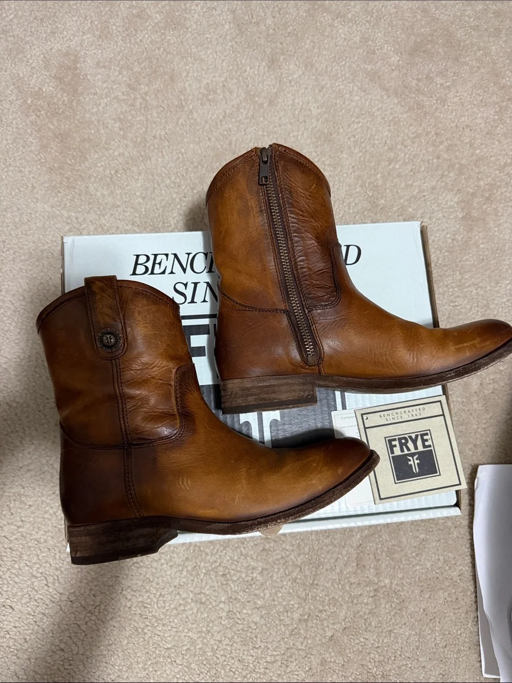 Frye Cognac Brown Leather Zip-Back Ankle Boots 5.5